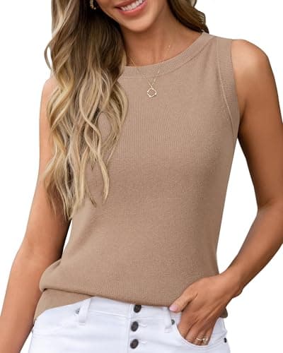 Image of Arach&Cloz Women's Sleeveless Knitted Vest Tops Non See Through Crew Neck Tank Top for Spring Summer Business (Camel, S)