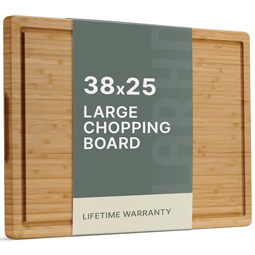 Image of LARHN Large Bamboo Chopping Board for Kitchens - 38.5 x 25 x 2 cm - Thick Wooden Chopping Boards for Cutting, Slicing and Carving Meat, Fish and Vegetables