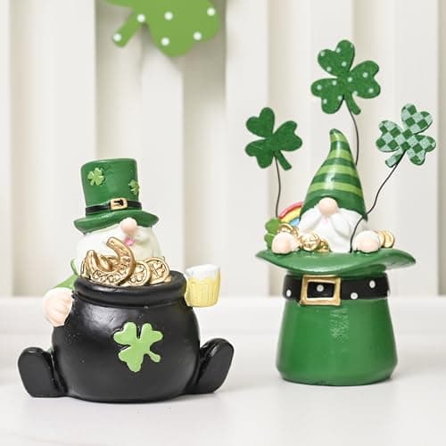 Image of AOMOONOA Resin St. Patrick’s Day Gnomes, 2Pcs Mini Leprechaun Figurines for Irish Home Decor, Small Green Elf Statues with Coins and Lucky Clover for Holiday Tabletop, Tiered Tray Decorations