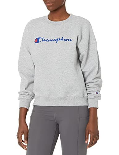 Image of Champion Women's Powerblend Relaxed Crew, Screen Print Script Sweatshirt, Oxford Gray-y08113, Medium