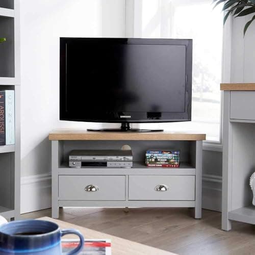 Image of Home Source Corner TV Stand Entertainment Cabinet Television Unit, Oak Effect, Grey, 2 Drawer
