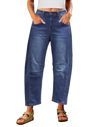 Image of Utyful Barrel Jeans Women Cropped Baggy Trendy High Waisted Distressed Loose Stretch Denim Trouser Jeans with Pockets, Classic Blue, Large
