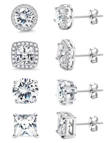 Image of KRFY Cubic Zirconia Silver Stud Earrings | 18 K White Gold Hypoallergenic Sterling Silver Post Earrings | Brilliant Large Simulated Diamond Halo Stud Earrings for Women Men