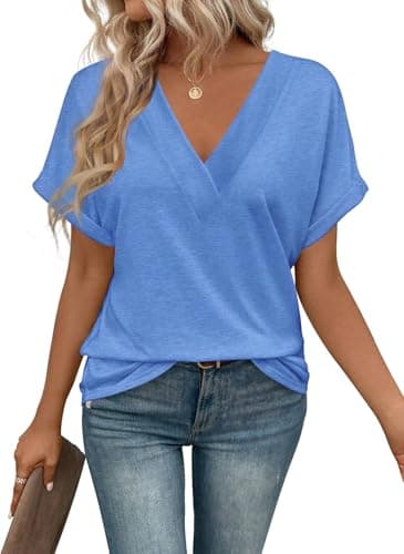 Image of ELFIN Womens Short Sleeve Tshirts Cross Collar Deep V Neck Tops Casual T-Shirt Plain Tops Summer Loose Blouse Blue