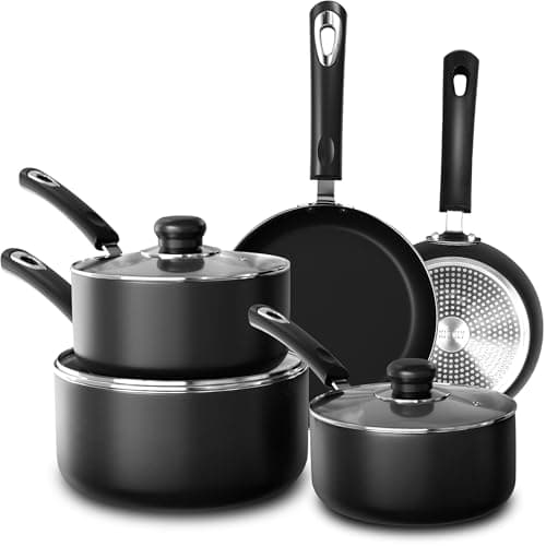 Image of KICHLY Set of 8 Non-Stick Pots and Pans Cookware Suitable for Induction Hob with 20cm, 28cm Frying Pans and 16cm, 18cm, 20cm Saucepans Set with Lids (Black)