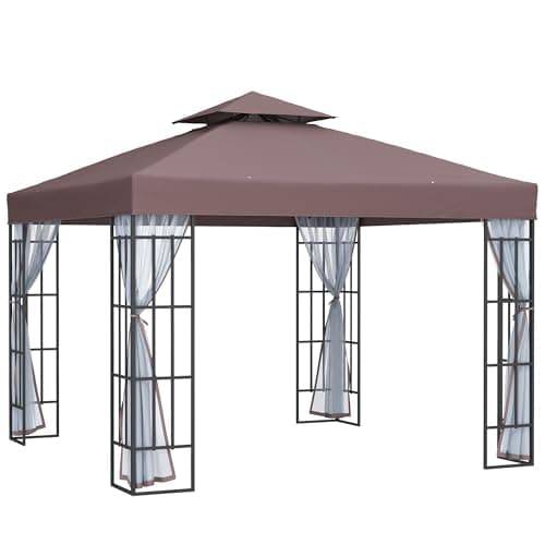 Image of Outsunny 3 x 3(m) Patio Gazebo Canopy Garden Pavilion Tent Shelter with 2 Tier Roof and Mosquito Netting, Steel Frame, Coffee