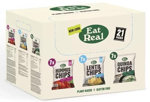 Image of Eat Real Crisps Vegan & Healthy Snacks Variety Box Pack of 21 Mix of Quinoa, Lentil & Hummus Chips