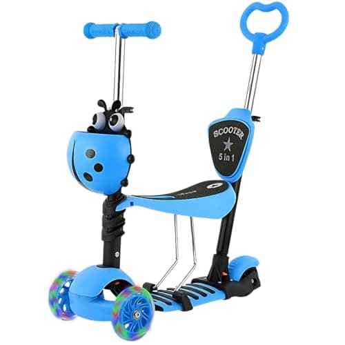 Image of Trendi® 5-in-1 Kids Scooter – Toddler Kick Scooter with LED Light-Up Wheels | 3-Wheels with Adjustable Handlebar, Removable Seat & Push Handle for Boys & Girls (Blue) 3+