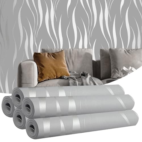 Image of Camiraft 5 Rolls Grey Wallpaper for Living Room Wave Stripes 3D Embossed Thick Textured Silver Glitter Wall Paper Feature Non-Woven Silver Wallpaper for TV Background Bedroom Adults 53cm x 9.5m