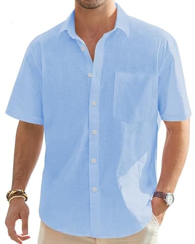 Image of J.VER Mens Blue Short Sleeve Linen Shirts Summer Casaul Lightweight Cotton Regular Fit Holiday Beach Button Down Shirt with Pocket XL