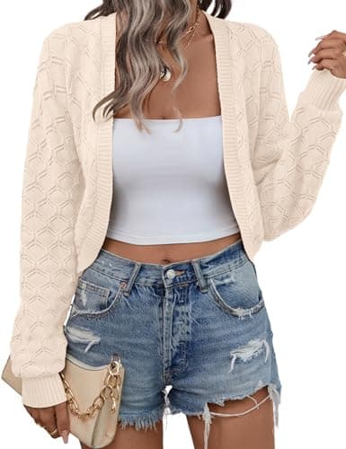Image of Kistore Women's Cardigans Long Sleeve Open Front Knitted Cardigan Cropped Sweater Lightweight Solid Color Jacket Tops Apricot M