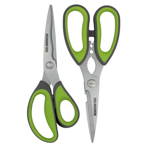 Image of Rockingham Forge 2 Piece Sharp Kitchen and Household Scissor Set, Rust Resistant, Kinked and Curved 9CM Stainless Steel Blades, Nut Cracker and Bottle Opener, Green and Grey