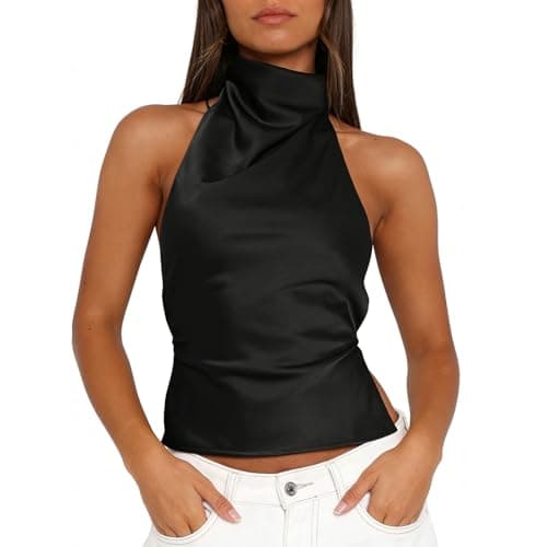 Image of ADUDVLO Womens Satin Backless Top Halter Neck Cowl Neck Sleeveless Crop Tank Elegant Going Out Party Club Top (UK, Alpha, S, Regular, Regular, Black)