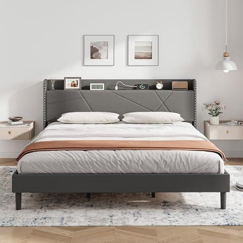 Image of IRONCK 6ft Super King Bed Frame with Charging Station, Bed Frame Super King with Upholstered Storage Headboard, Sturdy Wooden Slat Support, No Box Spring Needed Grey, 180X200 cm