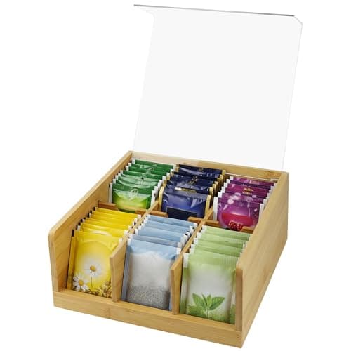 Image of Axincardarm Wooden Tea Box Organiser 6 Compartments Bamboo Tea Bag Holder Organiser with Acrylic Lid, Wood Tea Box for Tea Bags Storage, Tea Caddy, Coffee, Spices