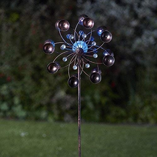 Image of Garden Mile® Solar Powered Wind Spinners With Colour Changing LED Lights - Copper Effect Metal Garden Sculptures