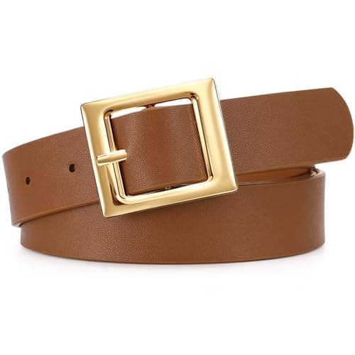 Image of WHIPPY Fashion Women Leather Belt for Jeans Pants Dresses Vintage Ladies Gold Buckle Waist Belt Casual PU Leather Belts,Brown,S: Fit waist size 26"-30"