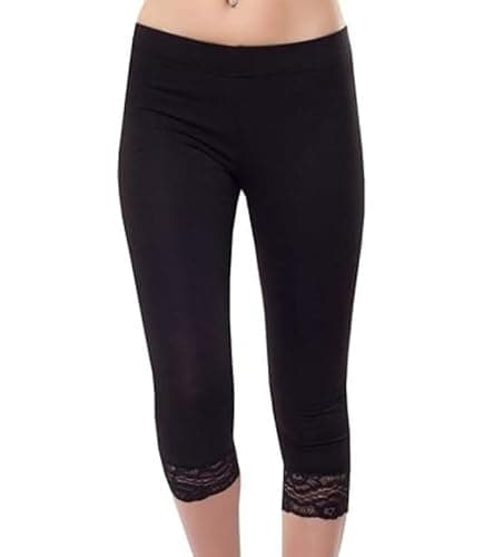 Image of ANZEE Ladies Plain Cropped 3/4 Length Stretchy Leggings Capri | Womens Lace Trim Edge Elasticated Yoga Gym Jogging - Girls 3/4 Soft Shorts Tights Pants (UK, Numeric, 20, 22, Black)