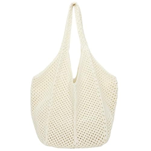Image of Aucuu Women Knitted Handbags, Retro Hollow Woven Shoulder Bags, Boho Shoulder Bag, Crochet Mesh Tote Bag, Beach Bag for Women, Travel Shopping Handbag for Holiday, Daily Work, Shopping, Travel-White