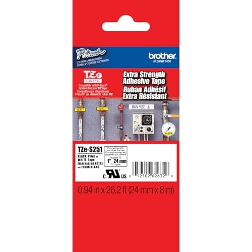 Image of Brother TZe-S251 Labelling Tape Cassette, Black on White, 24mm (W) x 8M (L), Strong Adhesive, Brother Genuine Supplies