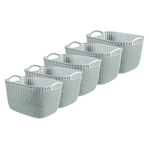 Image of Curver Knit Effect Set of 5 Kitchen, Living room, Bathroom, Bedroom, Utility Large Rectangular Storage Baskets 19 Litres - Misty Blue
