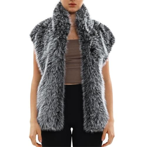 Image of Amazhiyu Faux Fur Gilet for Women UK, Winter Open Front Cardigan with Pockets, Sleeveless V Neck Outwear Fluffy Vest Black M