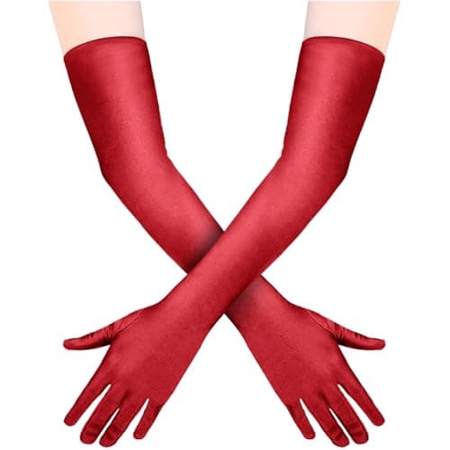 Image of Quelcc Red Satin Long Gloves for Women - 1920s Style Opera, Bridal, Wedding, Prom, Halloween