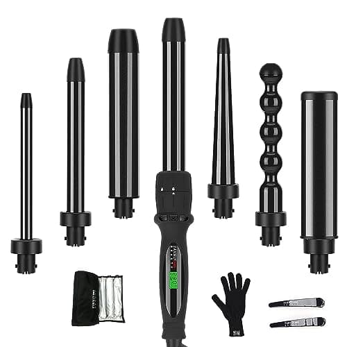 Image of 7 In1 Curling Wand Iron Set, PARWIN PRO BEAUTY Hair Curling Wands for Long Short Hair, Hair Curlers Wand with 7 Ceramic Barrels, LCD Display, Heat Resistant Glove, Dual Voltage Good for Travel