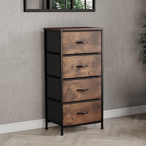 Image of Vida Designs Chorley 4 Drawer Chest Of Drawers Fabric Storage Organizer Unit With Wood Top, Metal Frame & Handles - Ideal For Bedroom, Living Room, Nursery - Rustic Brown (UKFR Certified)