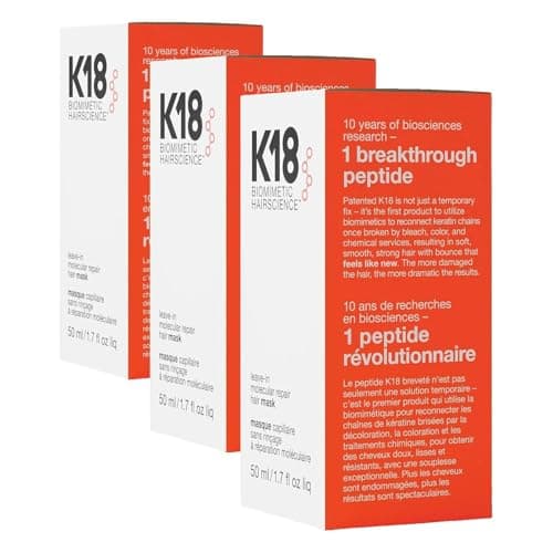 Image of K18 Leave-In Molecular Hair Mask, Repairs Dry or Damaged Hair, Reverse Hair Damage from Bleach, Colour, Chemical Services & Heat, 50ml (Pack of 3)
