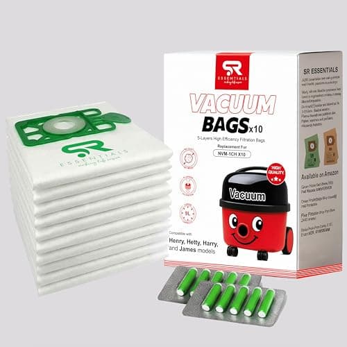 Image of SR ESSENTIALS Replacement Henry Hoover Bags, Vacuum Bags Compatible with Numatic Henry & Hetty Hoovers, NVM-1CH Type, 10 Pack with Fresheners