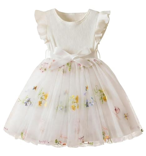 Image of JiAmy Girls' Dresses Flower Embroidery Knit Tulle Toddler Dresses Flying Sleeves Girls Party Dress for Kids 5-6 Years, White Flower