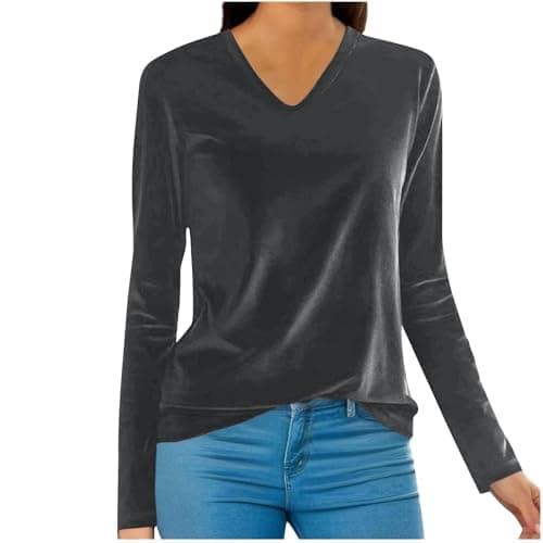 Image of Velvet Tops for Women Elegant Cowl Neck Pleated Blouse Dressy Casual Going Out Puff Long Sleeve Tops Autumn Clothes (Z01-Grey, L)
