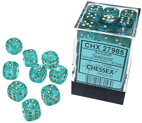 Image of Chessex Borealis 12 mm D6 Teal/Gold Luminary Dice Block (36 Dice)