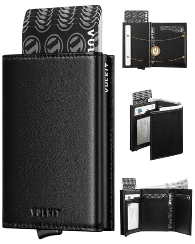 Image of VULKIT Mens Wallet Credit Card Holder Pop up Card Case RFID Blocking Genuine Leather Card Wallet with Banknote Compartment & ID Window… (Top-Grain Cowhide Black)