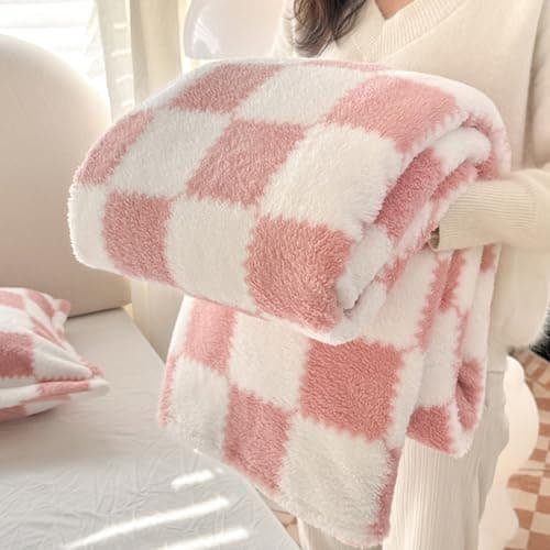 Image of Grexenta Checkered Flannel Throw Blanket, Soft Cosy Checkerboard Grid Pattern Blanket for Bench Sofa Bed Luxurious Warm and Cozy for All Seasons (Pink, 100cm x 150cm)