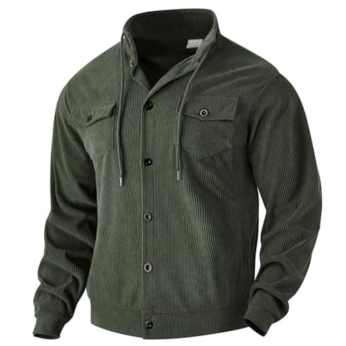 Image of Men's Corduroy Button Down Shirts Casual Long Sleeve Lightweight Overshirt, Drawstring Overshirt with Flap Pockets (Army Green,S)