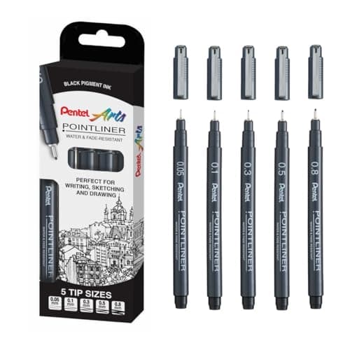 Image of Pentel Arts Pointliner, Black pigment ink, Pack of 5