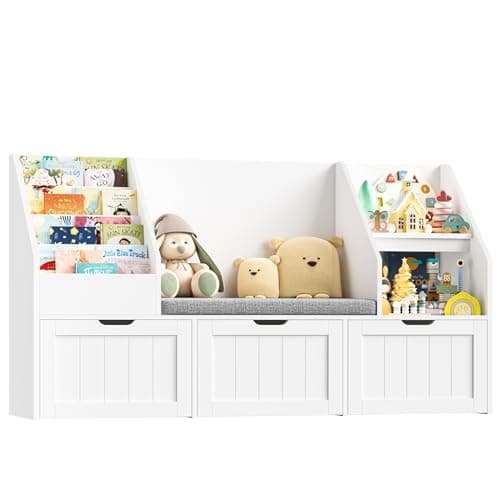 Image of FOREHILL Kids Toy Storage Unit with Storage Bench 4-tier Kids Bookshelf Toy Organiser Childrens Bookcase, 3 Drawers with Wheels for Playroom Nursery Furniture White 140x39.5x80 cm