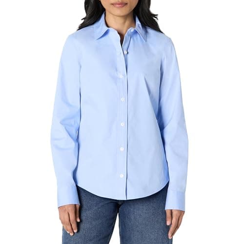 Image of Amazon Essentials Women's Regular-Fit Stretch Poplin Button-Up Dress Shirt, Powder Blue, L