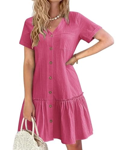 Image of HOTOUCH Linen Dresses for Women Button Down Dress Loose Summer Cotton Mini Dress Ruffle Hem Casual Short Sleeve T Shirt Dress Hot Pink S