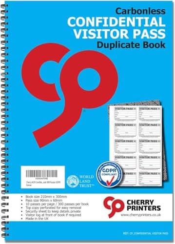 Image of Cherry Printers NCR Confidential Visitor Pass 90mm x 60mm Duplicate Book 300 Passes GDPR **2 Pack**