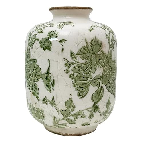Image of SYDDOL White Ceramic Vase, Small French Country Style Porcelian Vase Hand Painted Floral Design with Vintage Crackle Glaze for Wedding Dinner Table Office Bedroom - 5.5 Inch / 14 CM (Green)