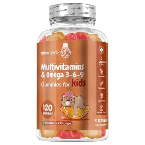 Image of Multivitamin for Kids - 120 Gummies - 2 Months Supply - with Omega 3-6-9 - Gluten-Free Kids Vitamins - 17 Ingredients Like Vitamin D, A, C, B12, B6, E & Zinc - Natural Raspberry & Orange Flavours