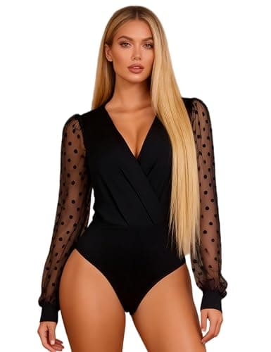 Image of comeondear Black Long Sleeve Bodysuits Women, Deep V Mesh Going out Tops Polka Dot Sexy Teddy Lingerie Flattering Body Suits Soft Onesies Clubwear for Casual Nights out M
