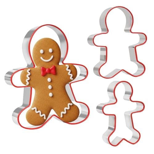 Image of TRIXES 3-Pack Gingerbread Men Cutters with Protective Red Silicone Edging – 3 Sizes - Gingerbread Family – Kitchen Tools – Baking Accessories