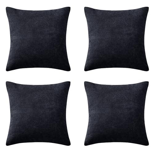 Image of Hafaa Cushions with Covers Included 45 x 45 Cm Pack of 4 (4 Black Cushion Covers, 4 Cushion Inserts) - Stripe Velvet Square Throw Pillow Case Decorative Sofa Cushion with Invisible Zipper