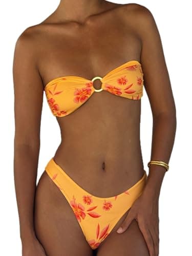 Image of Womens Bikini Set Triangle Swimsuit Flower Print Strapless Tube Tops with Thong 2 Pcs Set Sexy Bathing Suits (A-Orange, S)
