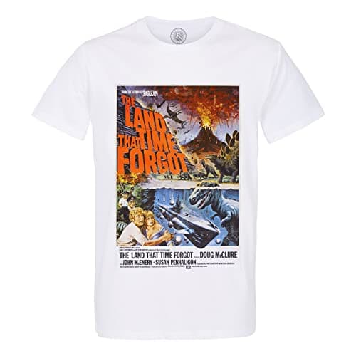 Image of Men's T-Shirt Crew Neck Organic Cotton The Land That Time Forgot Vintage Movie Poster White
