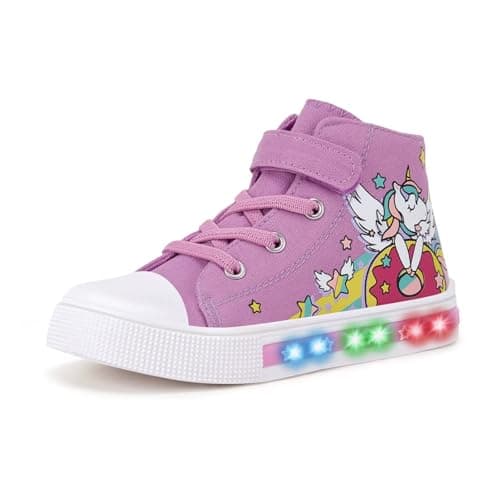 Image of Girls Trainers Kids High-Top Flashing Canvas Shoes Unisex Child Light Up Lightweight Casual Shoes Purple Unicorn Size 7